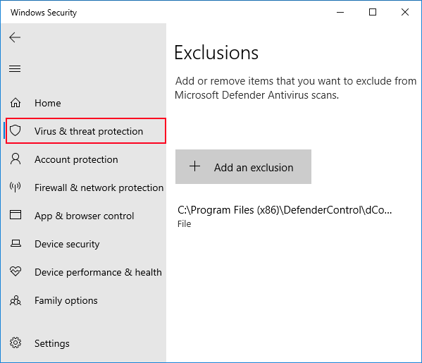 Add Defender Control to Windows Defender exclusion list dialog window
