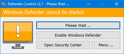 Windows Defender cannot start - orange status warning indicator