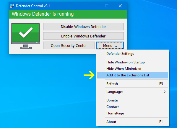 Defender Control menu interface showing configuration options and settings