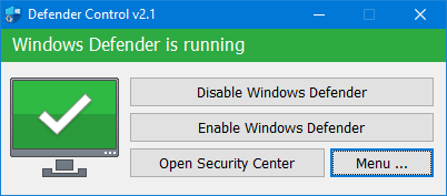 Windows Defender running - green status indicator showing active protection