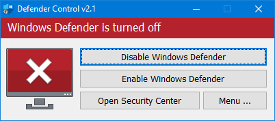 Windows Defender turned off - red status indicator showing disabled protection